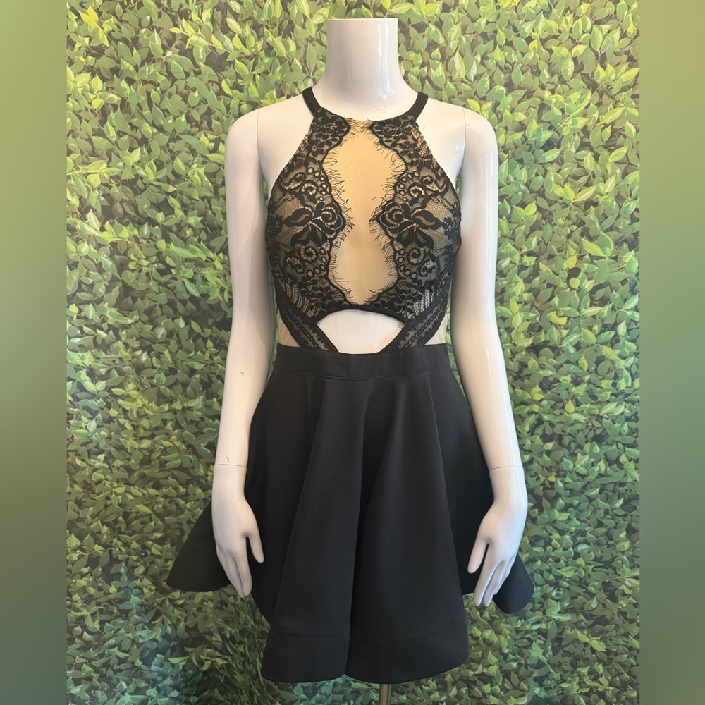 Luxxel Black Halter Fit and Flare Lace Cocktail Dress